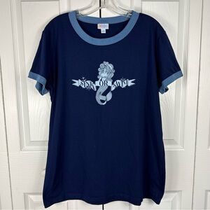 Lularoe Liv Women's Top Ringer T Shirt Sink of Swim Mermaid Graphic Blue Large